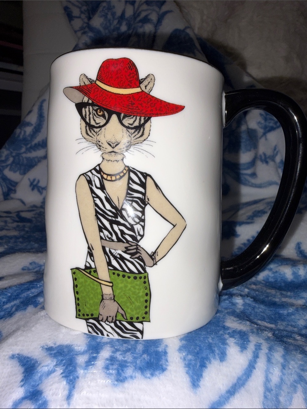 Signature Housewares- Stylish Animal Graphic Mug with Red Hat and Green Clutch